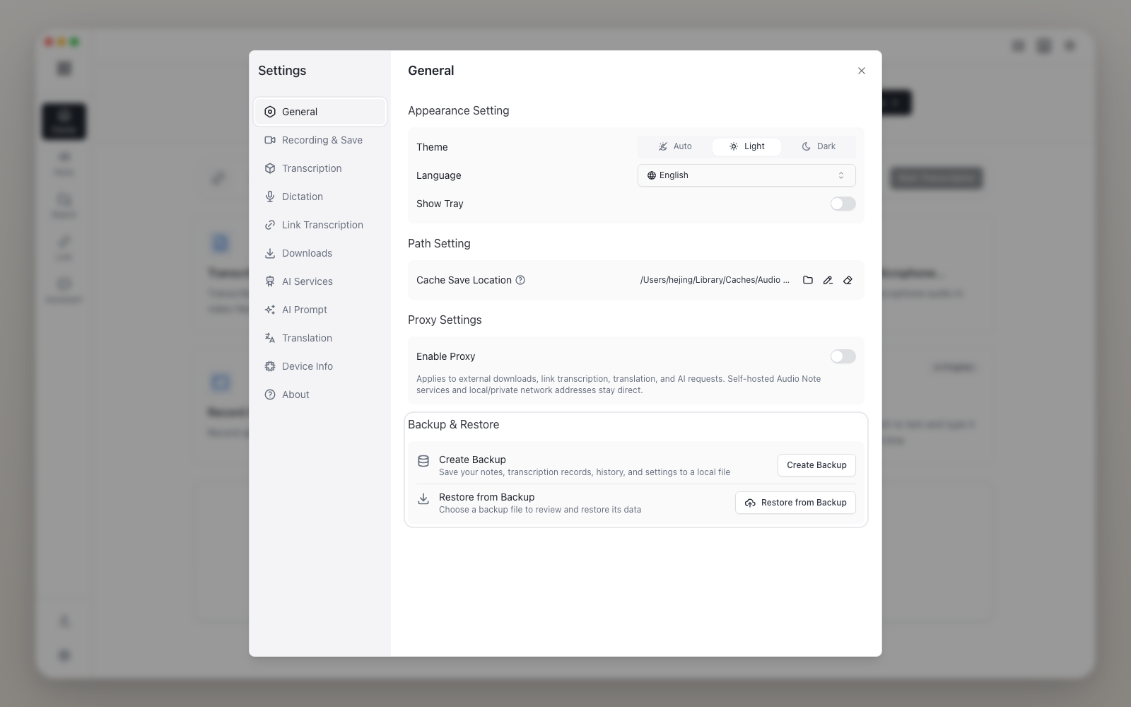Audio Note backup and restore settings screenshot