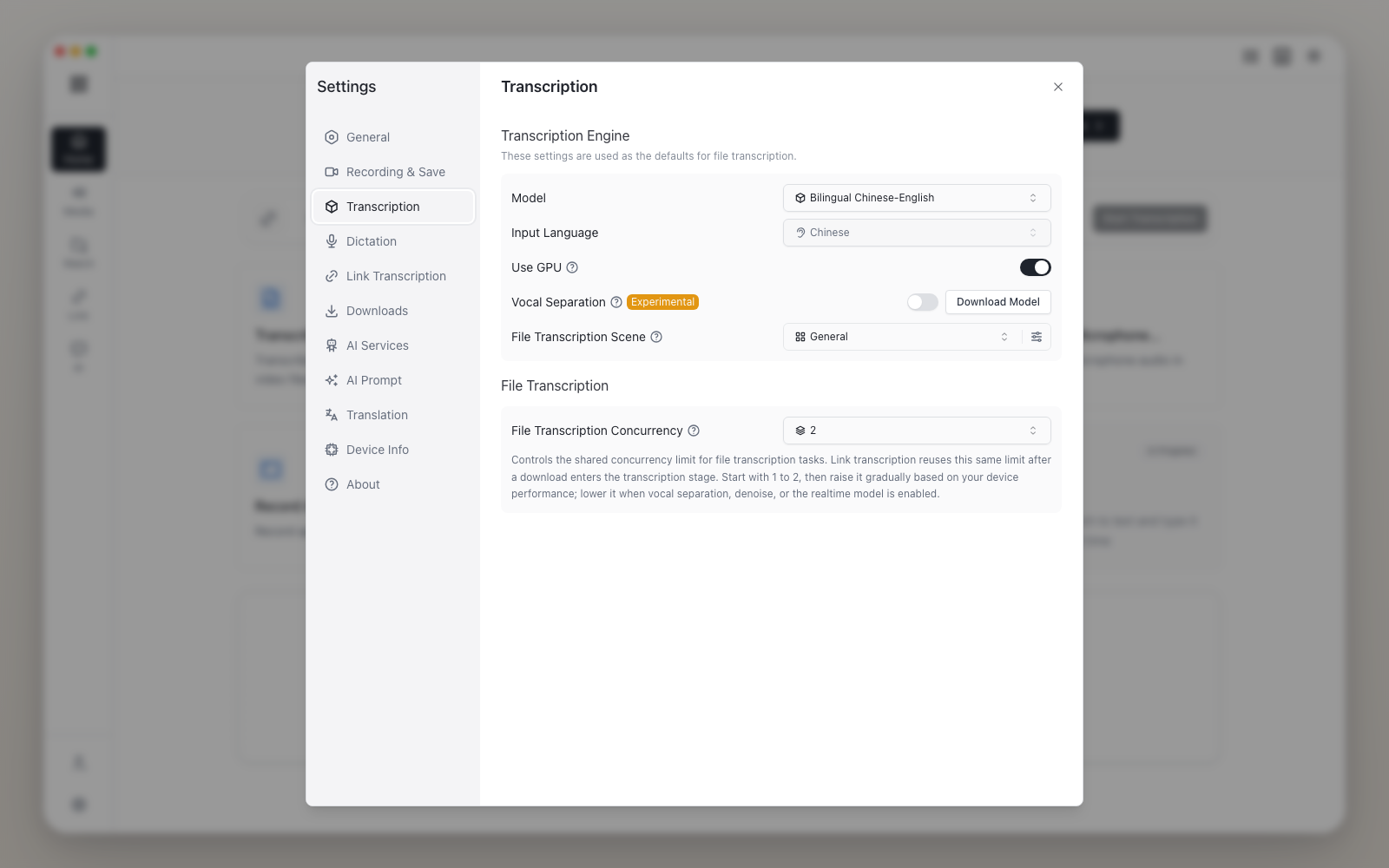 Audio Note transcription settings overview screenshot
